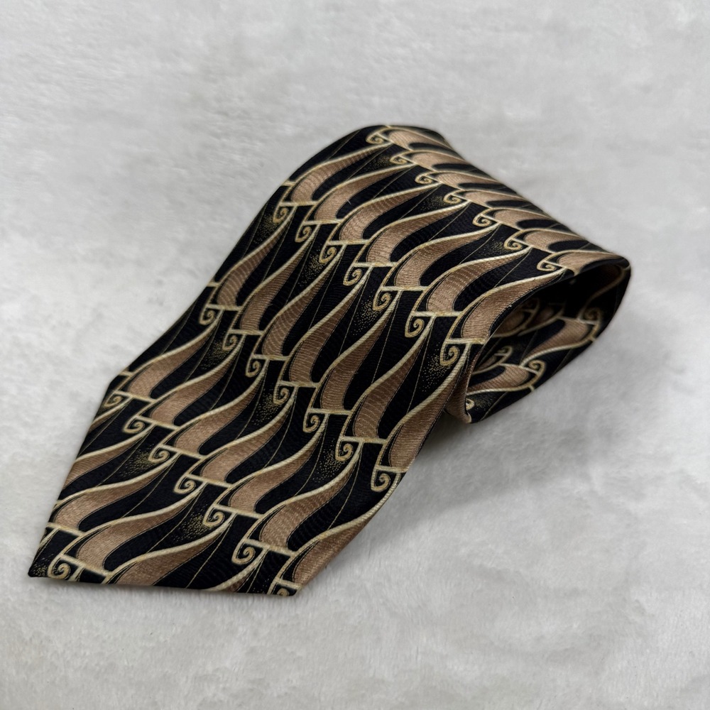 Giorgio Bissoni Mens Silk Tie Black Gold Bronze Abstract Art Deco Geometric 8223